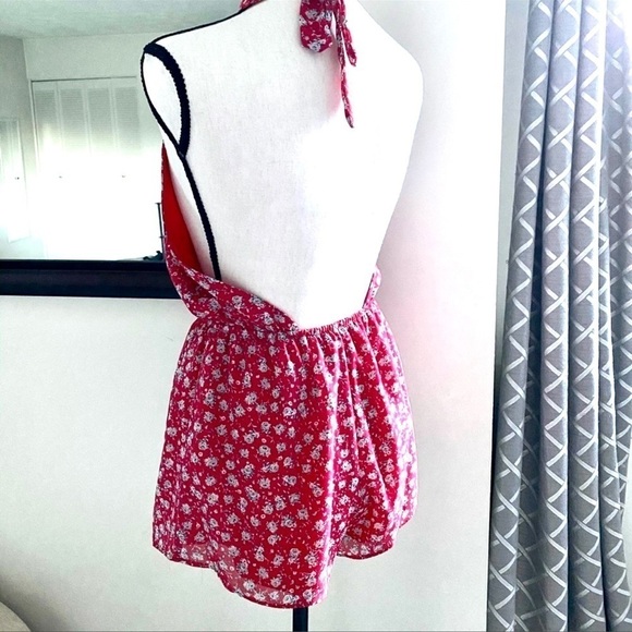 TOBI RAQUEL RED MULTI FLORAL PRINT Halter ROMPER womens size M - Picture 5 of 8